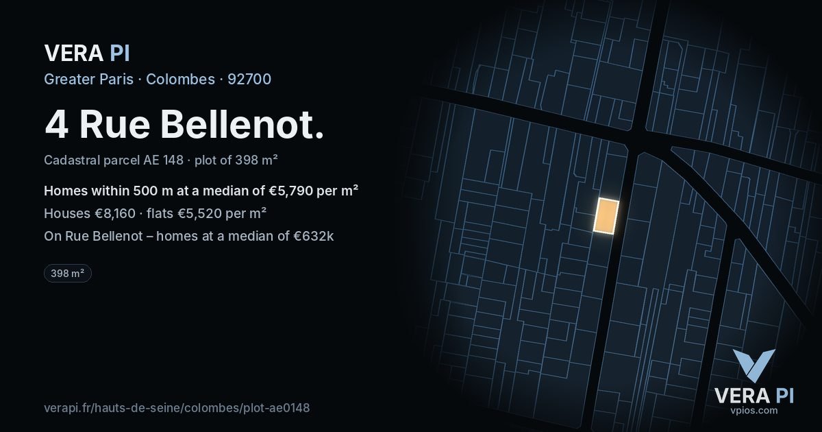 4 Rue Bellenot, Colombes at night – the plot lit, the parcels around coloured by the prices near them