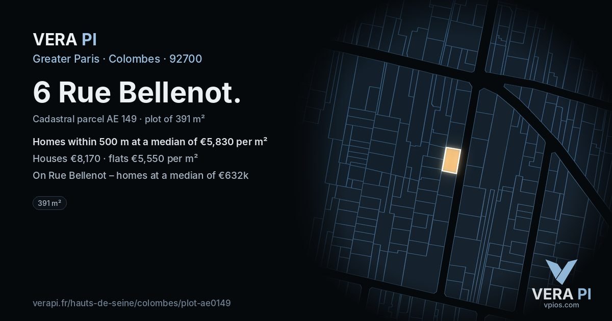6 Rue Bellenot, Colombes at night – the plot lit, the parcels around coloured by the prices near them
