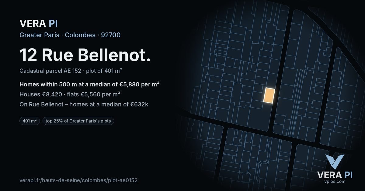 12 Rue Bellenot, Colombes at night – the plot lit, the parcels around coloured by the prices near them