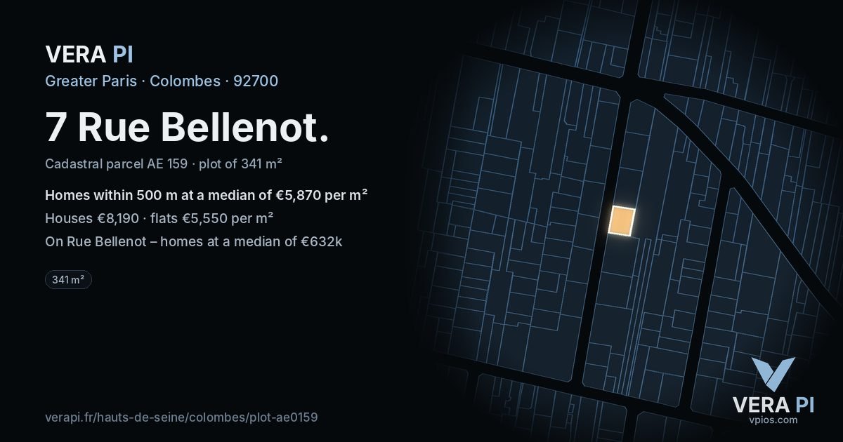 7 Rue Bellenot, Colombes at night – the plot lit, the parcels around coloured by the prices near them
