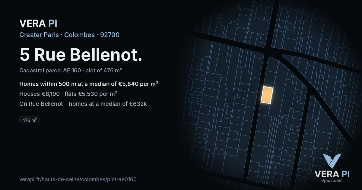 5 Rue Bellenot, Colombes at night – the plot lit, the parcels around coloured by the prices near them