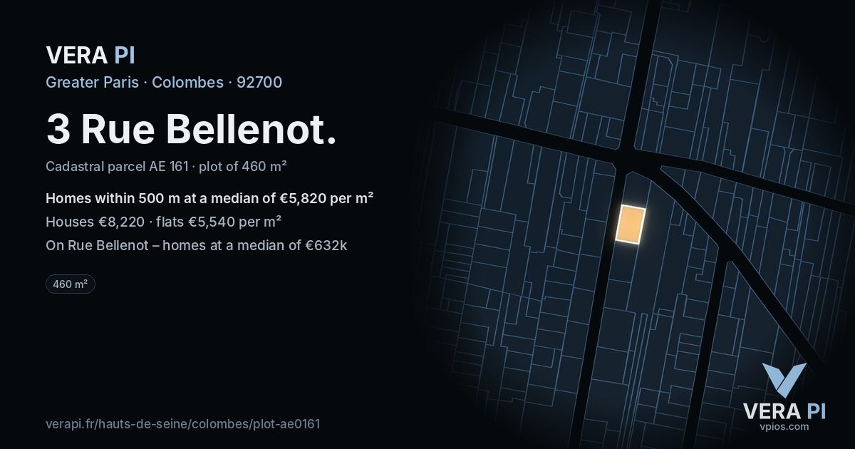 3 Rue Bellenot, Colombes at night – the plot lit, the parcels around coloured by the prices near them
