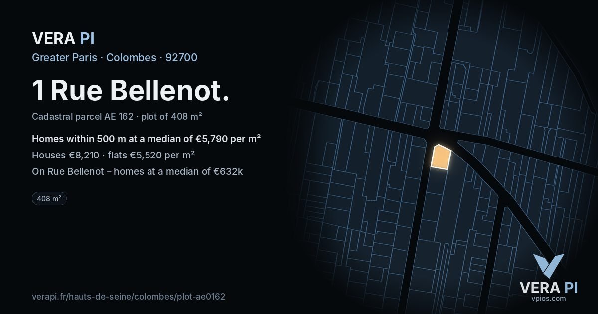 1 Rue Bellenot, Colombes at night – the plot lit, the parcels around coloured by the prices near them