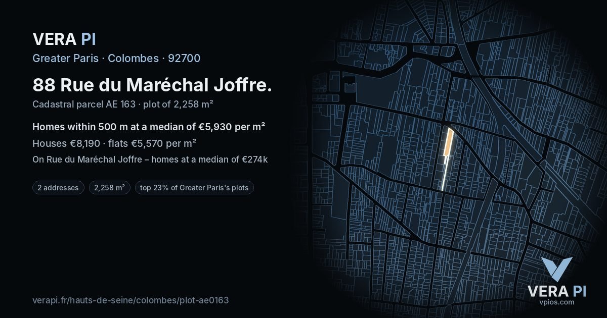 88 Rue du Maréchal Joffre, Colombes at night – the plot lit, the parcels around coloured by the prices near them