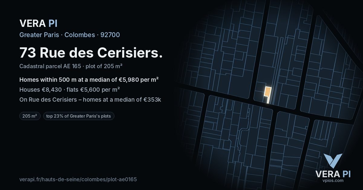 73 Rue des Cerisiers, Colombes at night – the plot lit, the parcels around coloured by the prices near them