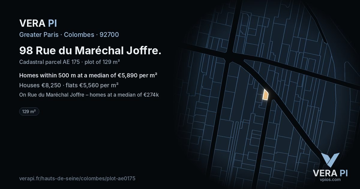 98 Rue du Maréchal Joffre, Colombes at night – the plot lit, the parcels around coloured by the prices near them