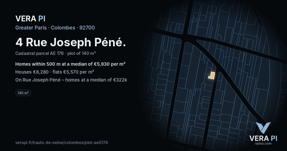 4 Rue Joseph Péné, Colombes at night – the plot lit, the parcels around coloured by the prices near them
