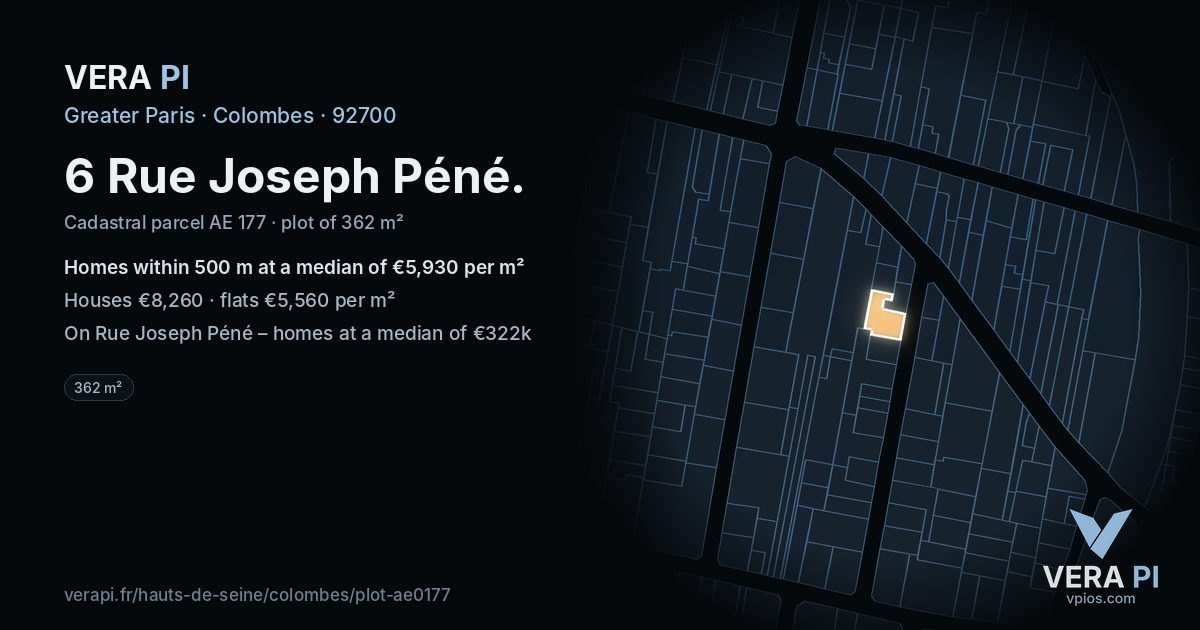6 Rue Joseph Péné, Colombes at night – the plot lit, the parcels around coloured by the prices near them