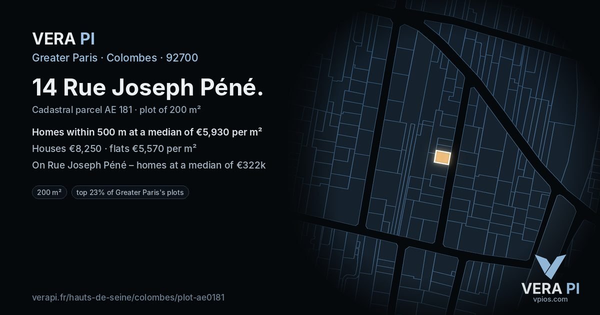 14 Rue Joseph Péné, Colombes at night – the plot lit, the parcels around coloured by the prices near them