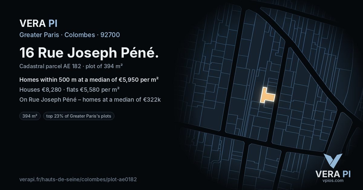 16 Rue Joseph Péné, Colombes at night – the plot lit, the parcels around coloured by the prices near them