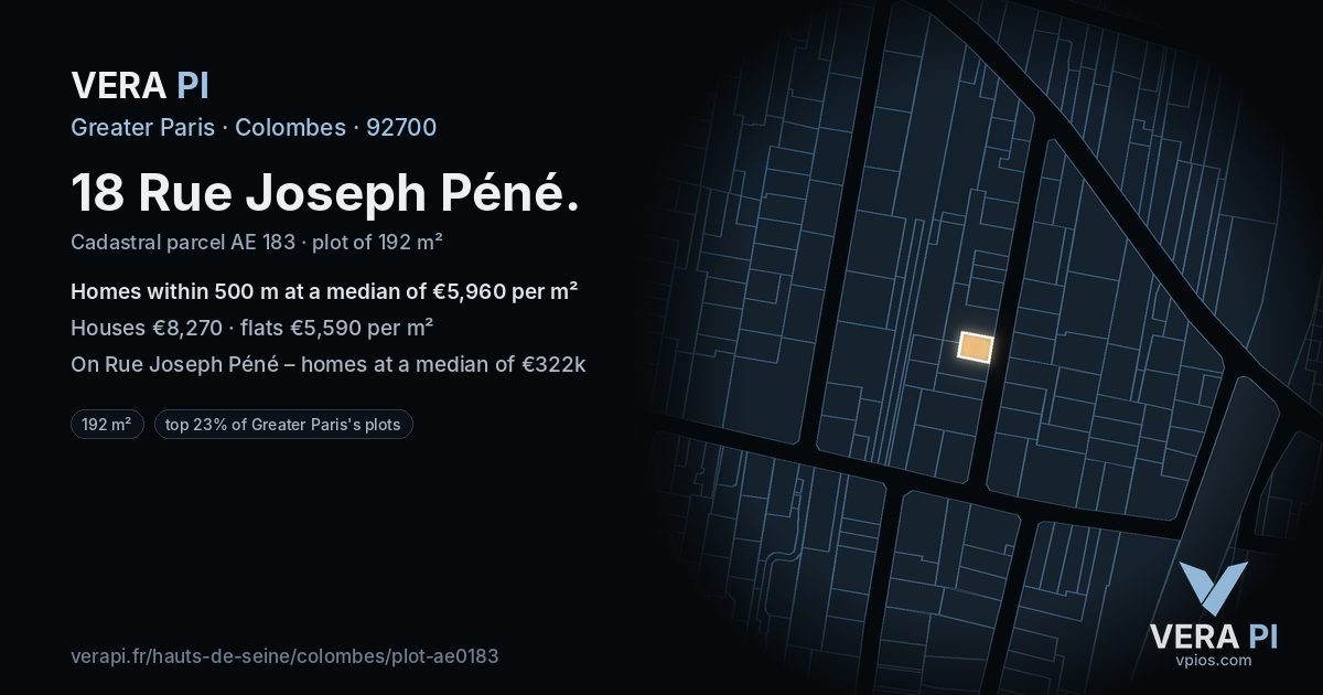 18 Rue Joseph Péné, Colombes at night – the plot lit, the parcels around coloured by the prices near them