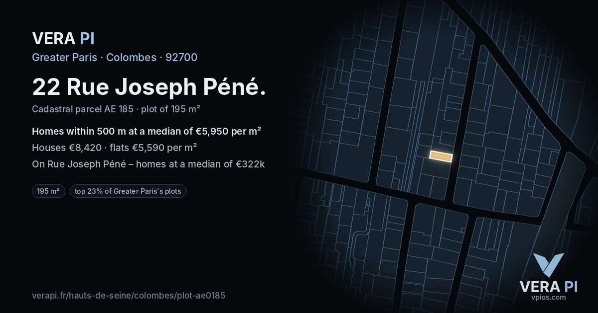 22 Rue Joseph Péné, Colombes at night – the plot lit, the parcels around coloured by the prices near them