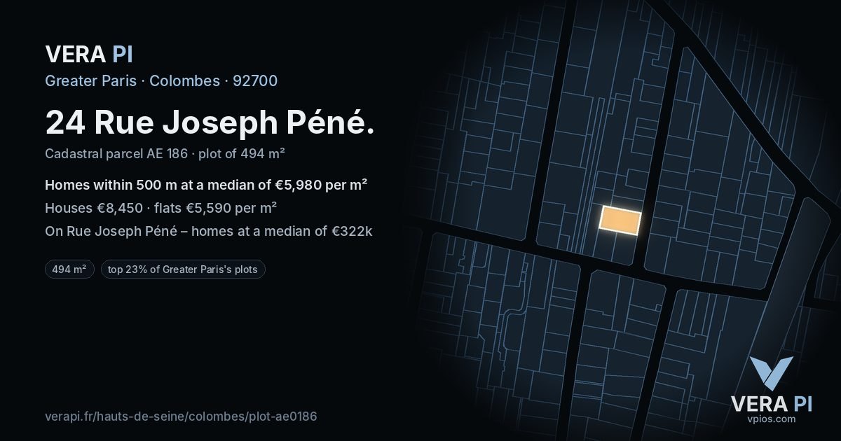24 Rue Joseph Péné, Colombes at night – the plot lit, the parcels around coloured by the prices near them