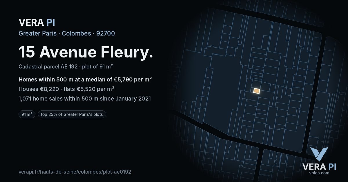 15 Avenue Fleury, Colombes at night – the plot lit, the parcels around coloured by the prices near them