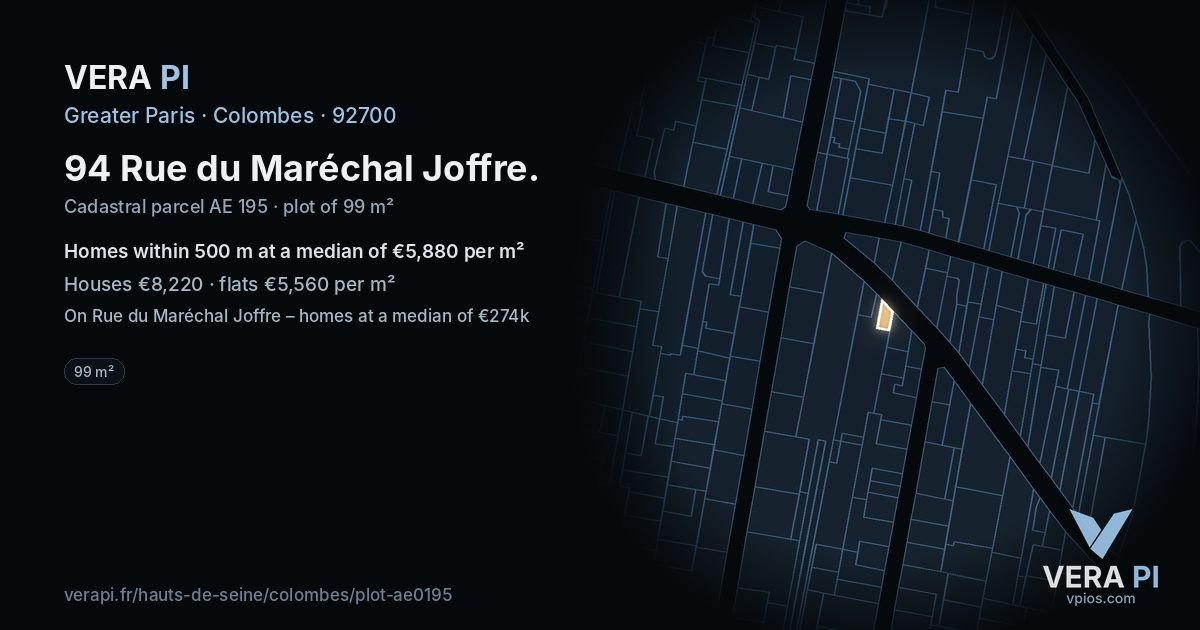 94 Rue du Maréchal Joffre, Colombes at night – the plot lit, the parcels around coloured by the prices near them
