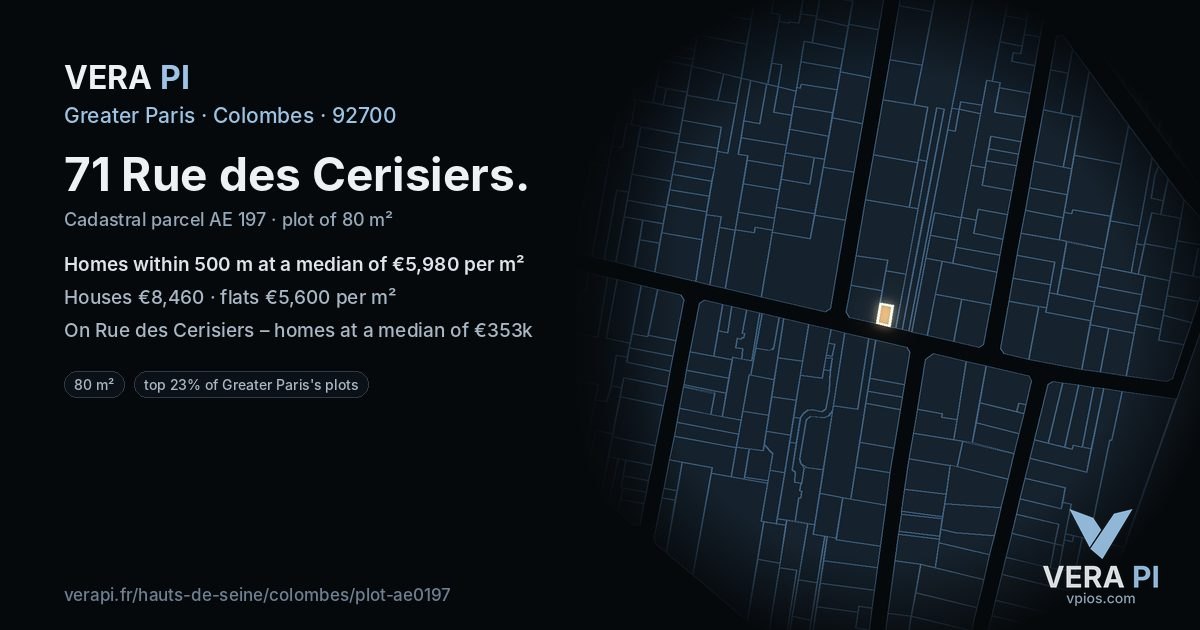 71 Rue des Cerisiers, Colombes at night – the plot lit, the parcels around coloured by the prices near them