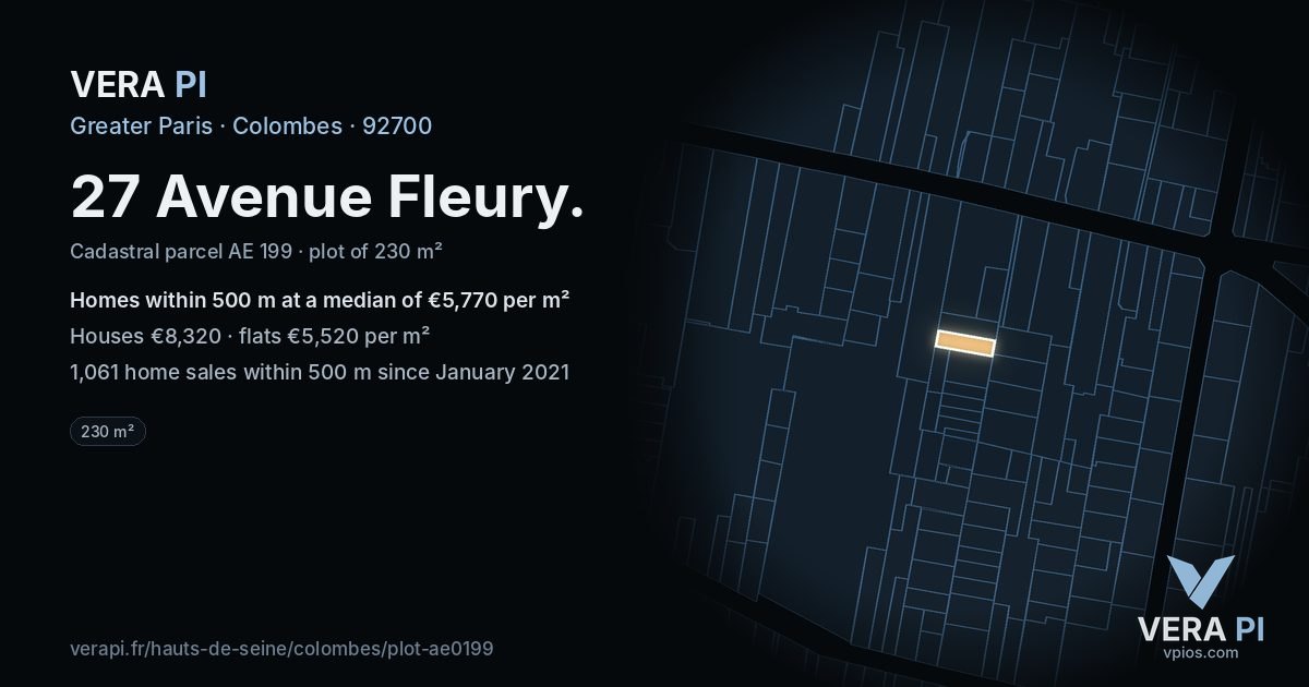 27 Avenue Fleury, Colombes at night – the plot lit, the parcels around coloured by the prices near them
