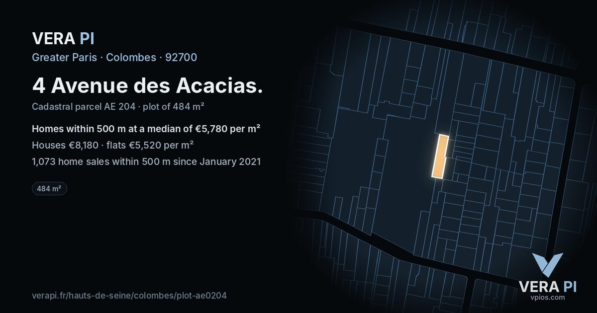 4 Avenue des Acacias, Colombes at night – the plot lit, the parcels around coloured by the prices near them