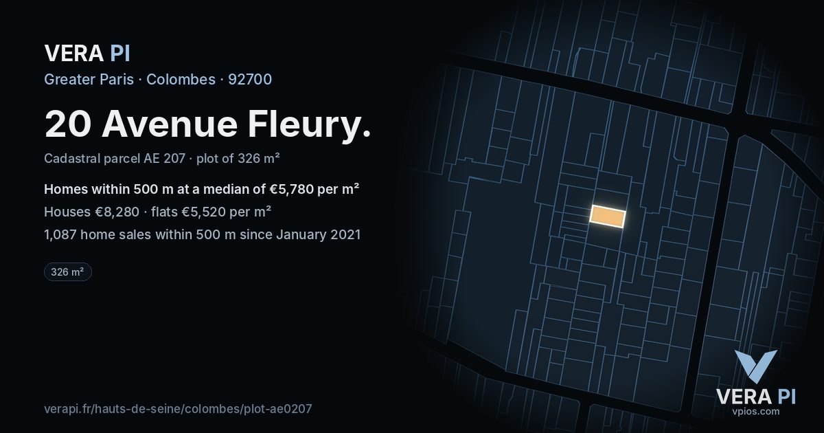 20 Avenue Fleury, Colombes at night – the plot lit, the parcels around coloured by the prices near them