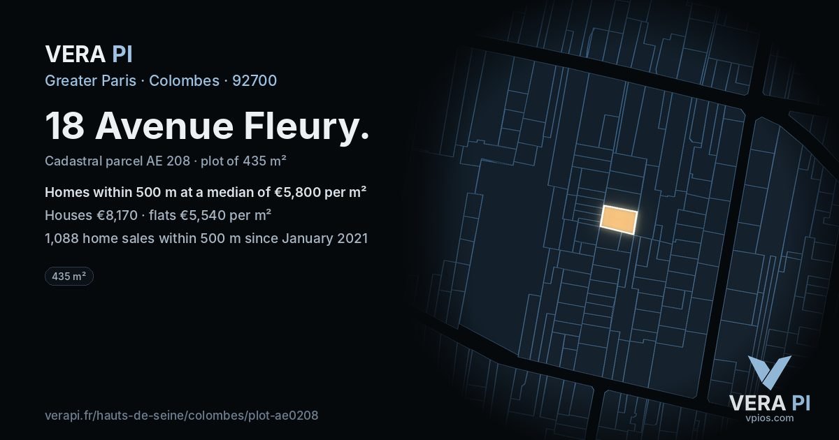 18 Avenue Fleury, Colombes at night – the plot lit, the parcels around coloured by the prices near them