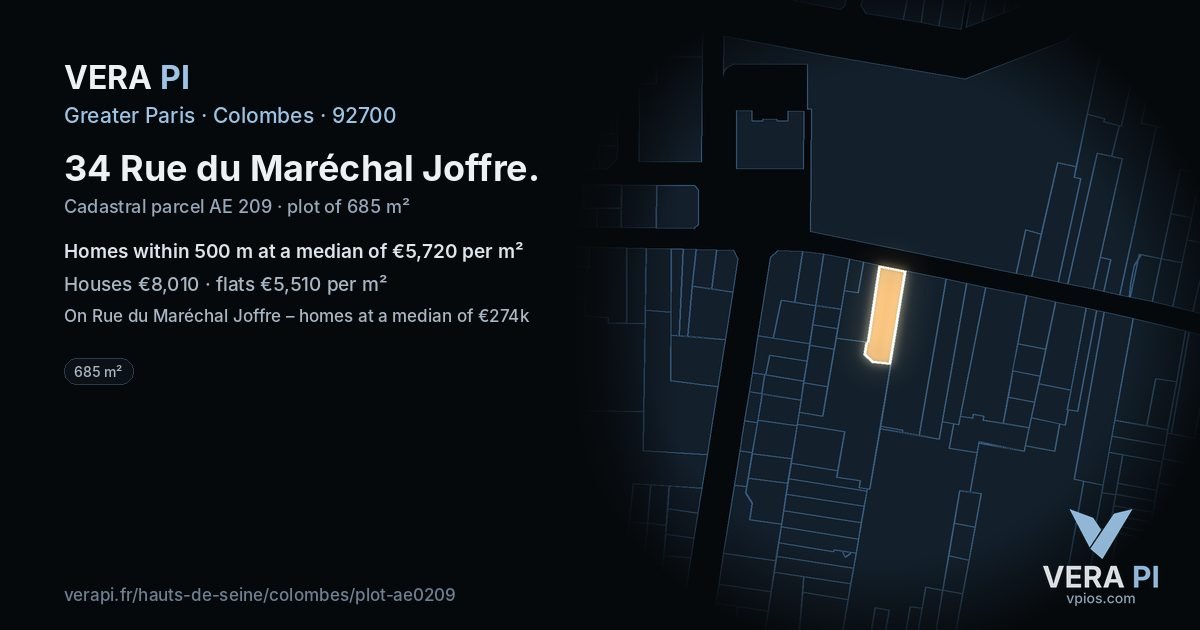 34 Rue du Maréchal Joffre, Colombes at night – the plot lit, the parcels around coloured by the prices near them