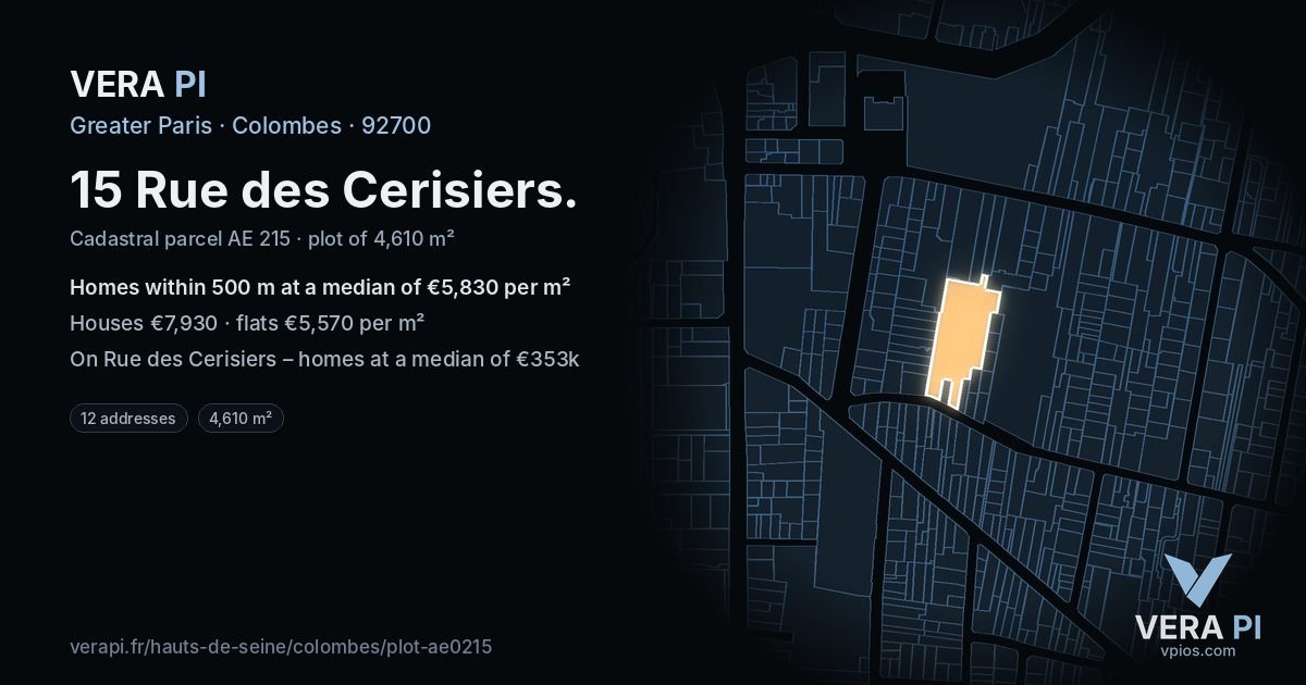 15 Rue des Cerisiers, Colombes at night – the plot lit, the parcels around coloured by the prices near them