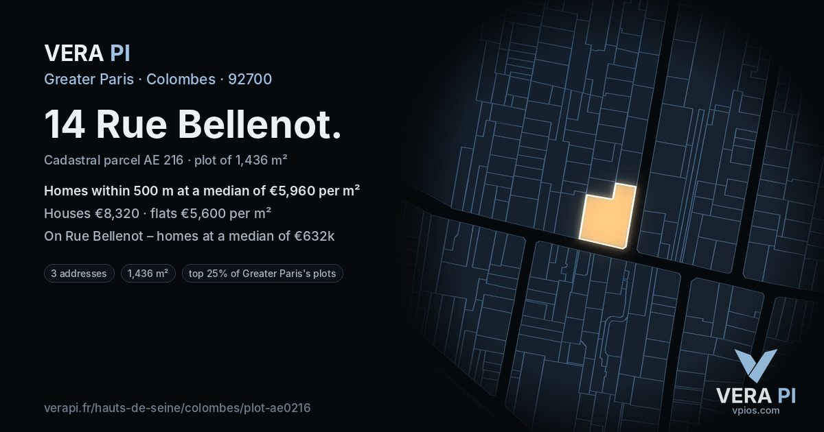 14 Rue Bellenot, Colombes at night – the plot lit, the parcels around coloured by the prices near them
