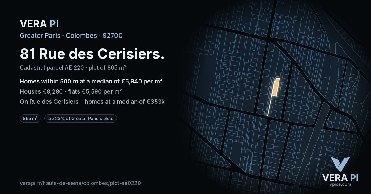 81 Rue des Cerisiers, Colombes at night – the plot lit, the parcels around coloured by the prices near them