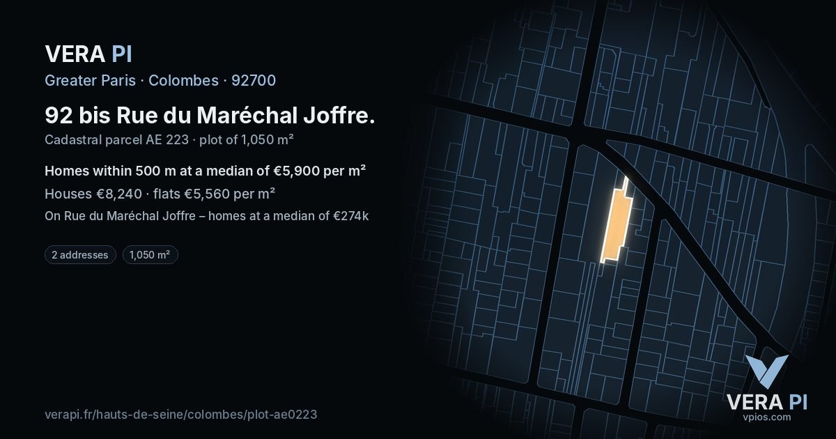 92 bis Rue du Maréchal Joffre, Colombes at night – the plot lit, the parcels around coloured by the prices near them