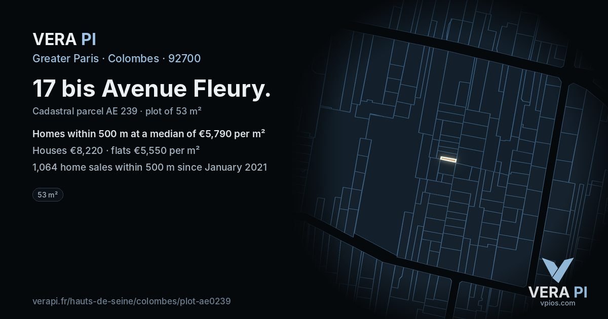 17 bis Avenue Fleury, Colombes at night – the plot lit, the parcels around coloured by the prices near them