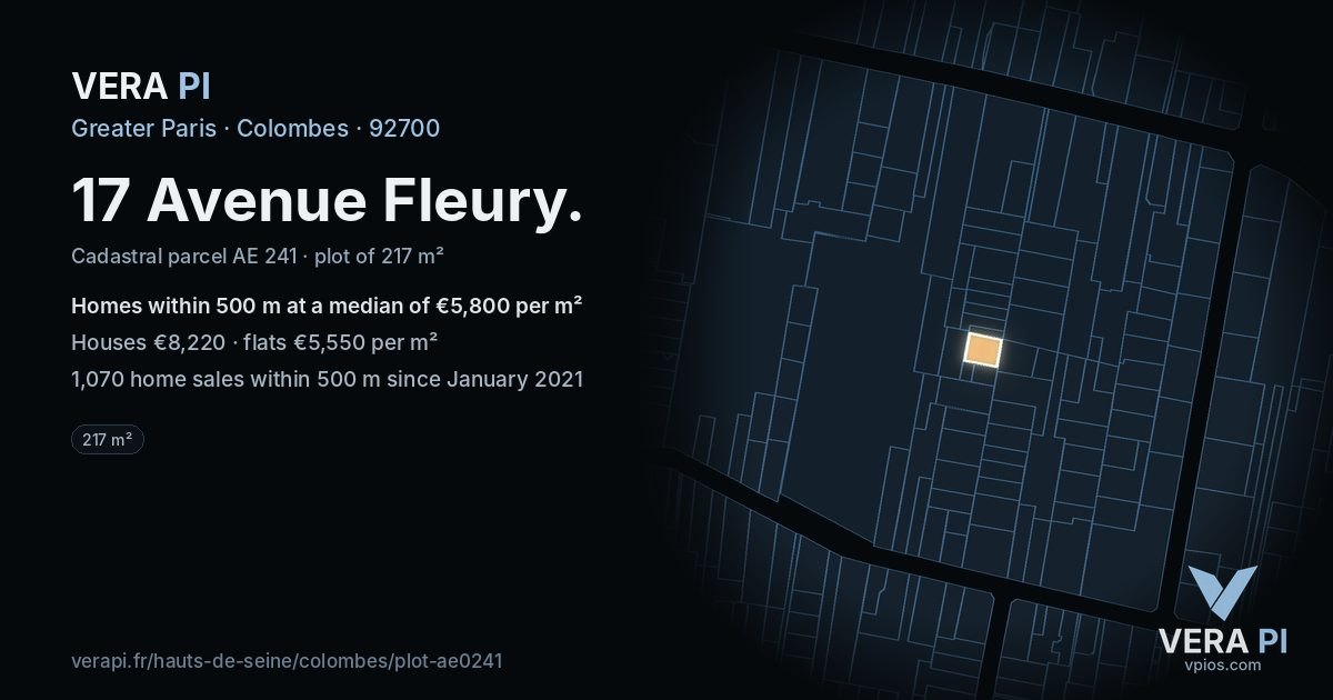 17 Avenue Fleury, Colombes at night – the plot lit, the parcels around coloured by the prices near them