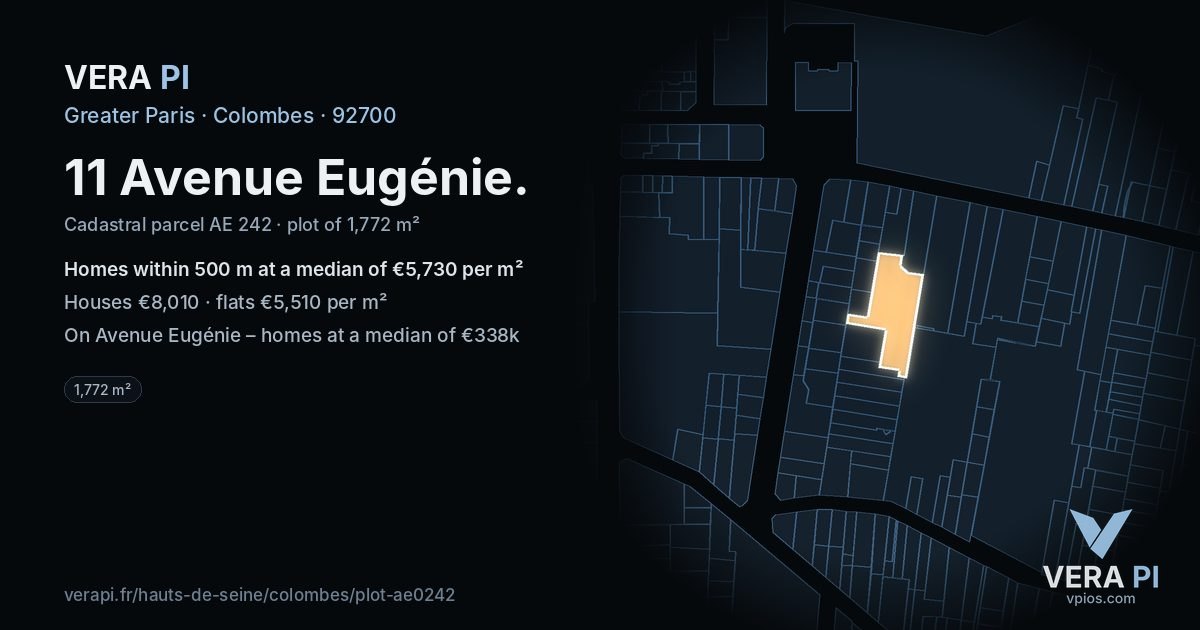 11 Avenue Eugénie, Colombes at night – the plot lit, the parcels around coloured by the prices near them