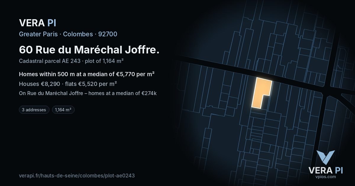 60 Rue du Maréchal Joffre, Colombes at night – the plot lit, the parcels around coloured by the prices near them