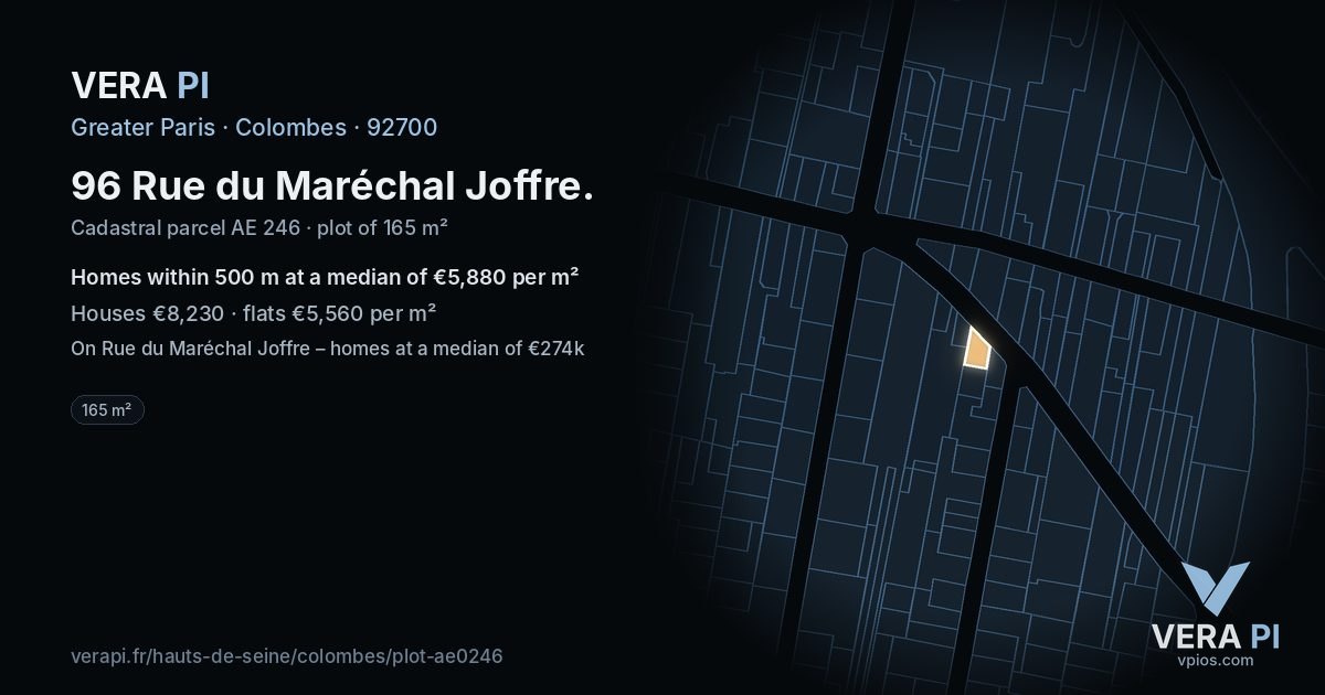 96 Rue du Maréchal Joffre, Colombes at night – the plot lit, the parcels around coloured by the prices near them