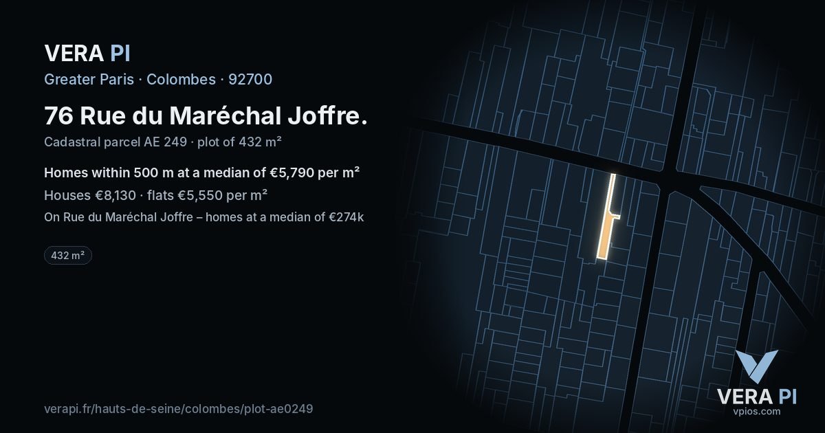 76 Rue du Maréchal Joffre, Colombes at night – the plot lit, the parcels around coloured by the prices near them