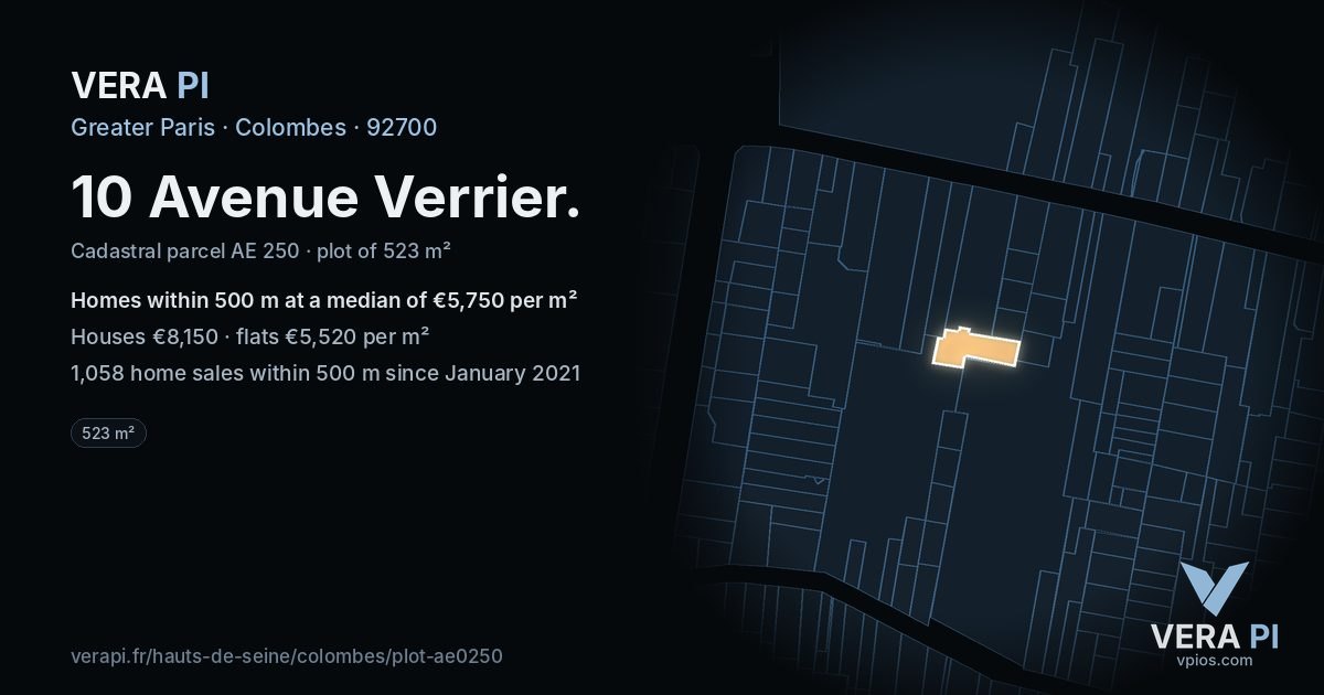 10 Avenue Verrier, Colombes at night – the plot lit, the parcels around coloured by the prices near them