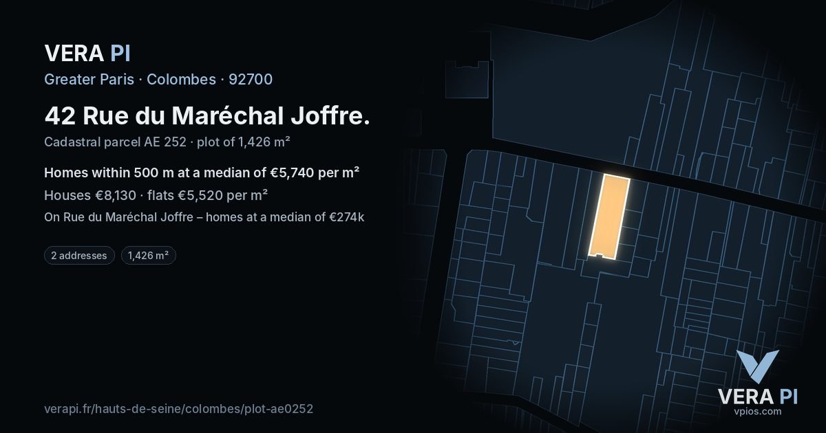 42 Rue du Maréchal Joffre, Colombes at night – the plot lit, the parcels around coloured by the prices near them