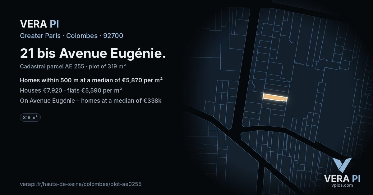 21 bis Avenue Eugénie, Colombes at night – the plot lit, the parcels around coloured by the prices near them