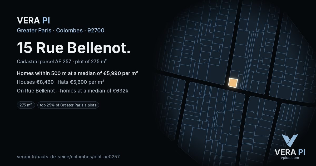 15 Rue Bellenot, Colombes at night – the plot lit, the parcels around coloured by the prices near them