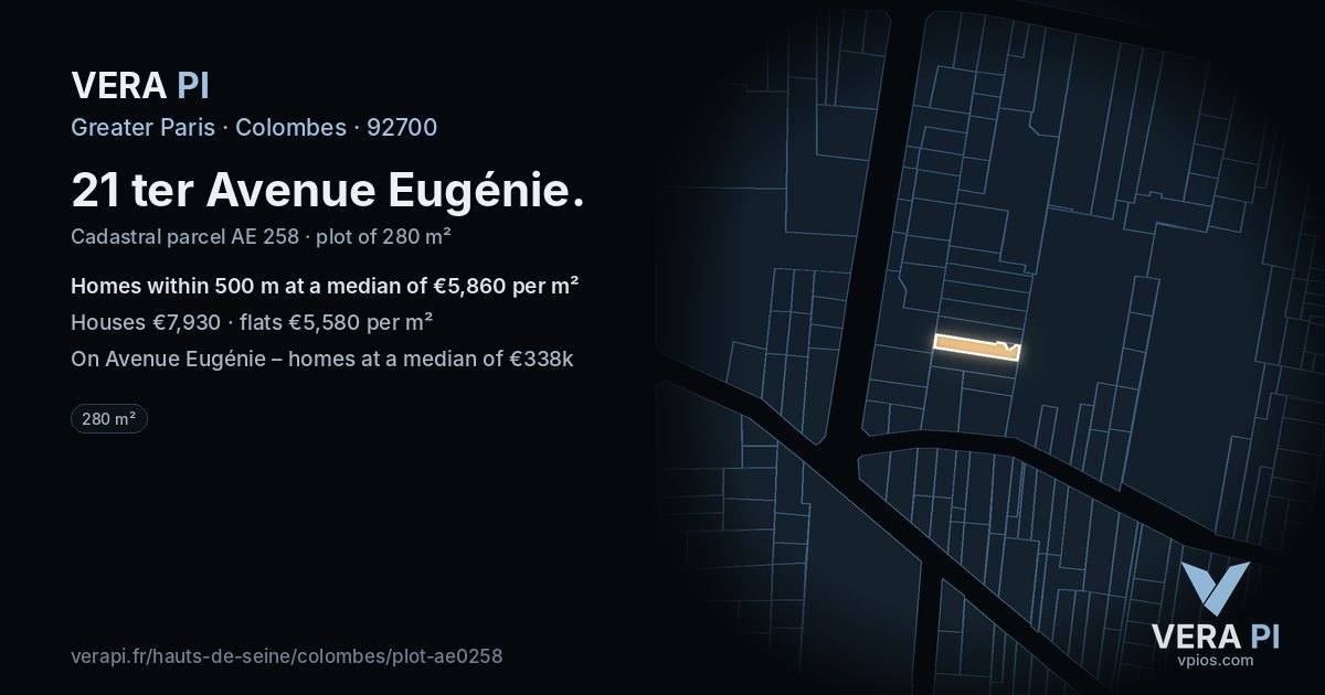 21 ter Avenue Eugénie, Colombes at night – the plot lit, the parcels around coloured by the prices near them