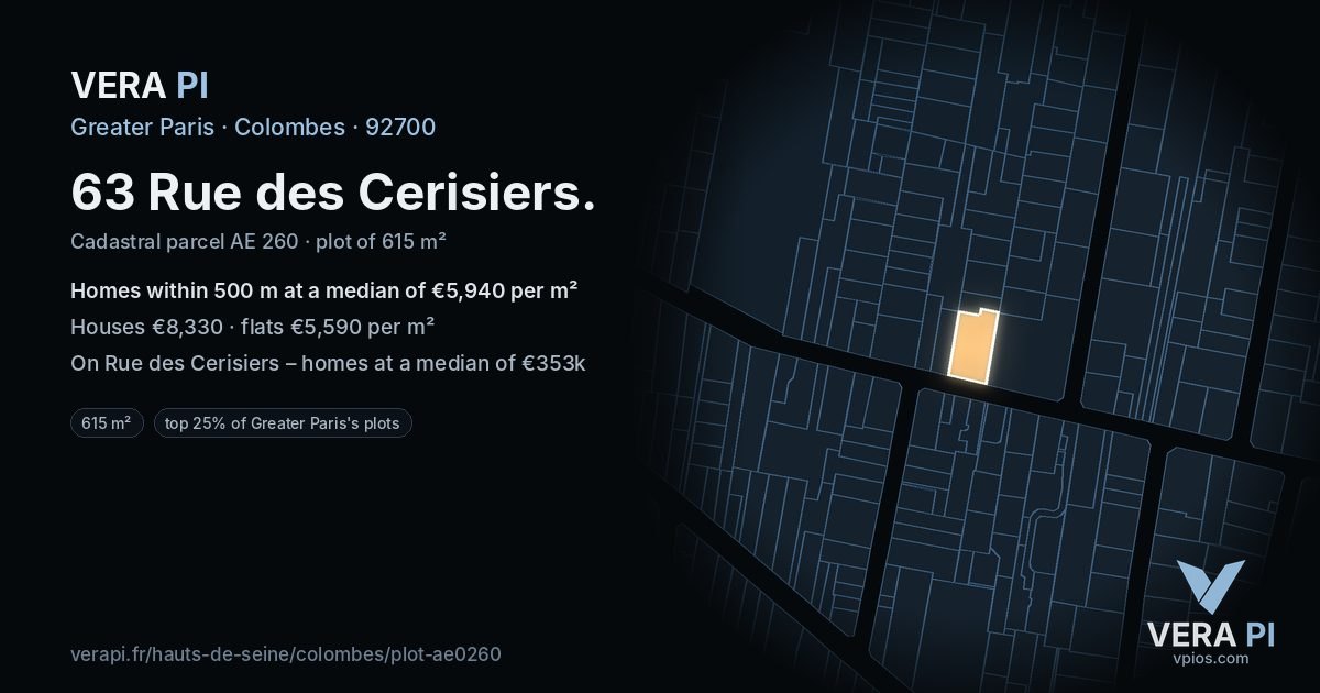 63 Rue des Cerisiers, Colombes at night – the plot lit, the parcels around coloured by the prices near them