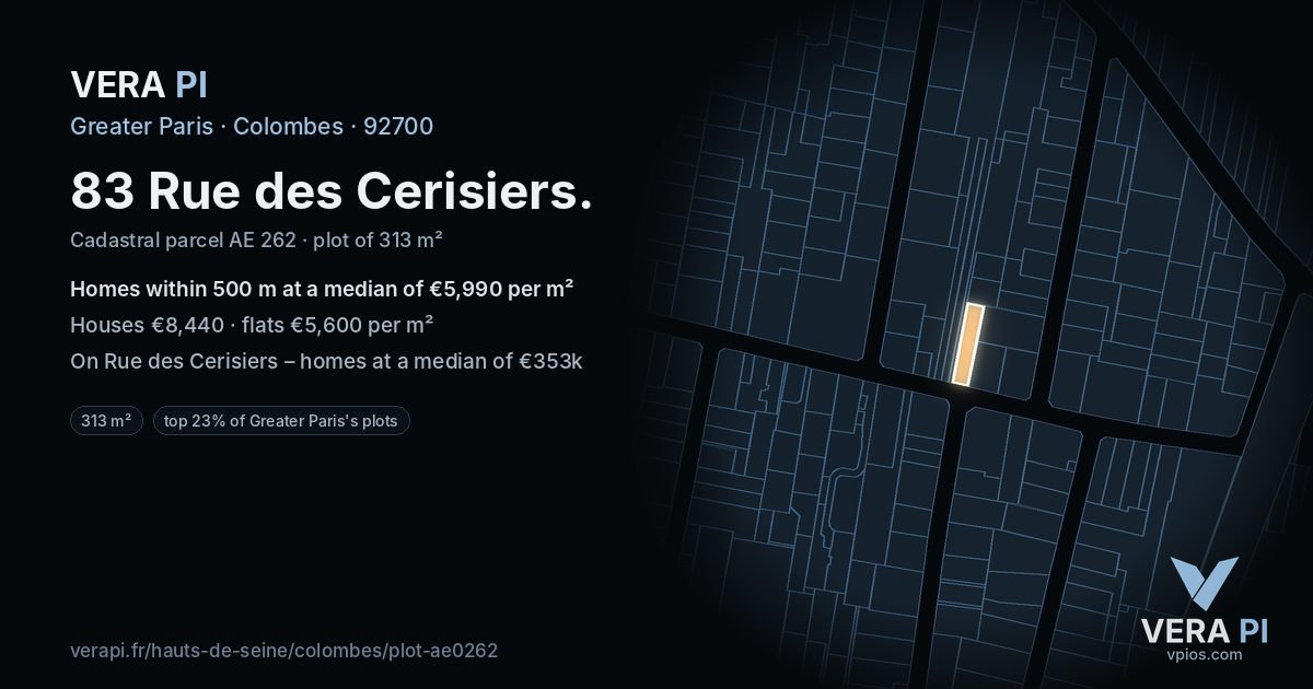 83 Rue des Cerisiers, Colombes at night – the plot lit, the parcels around coloured by the prices near them