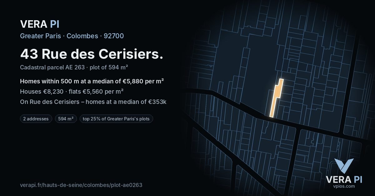 43 Rue des Cerisiers, Colombes at night – the plot lit, the parcels around coloured by the prices near them