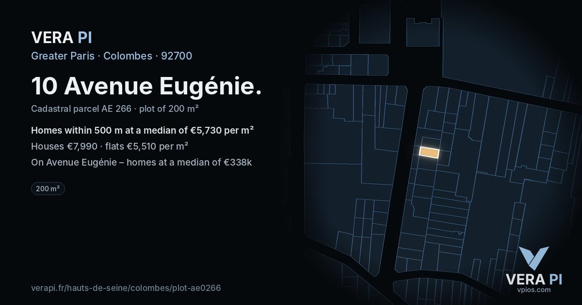 10 Avenue Eugénie, Colombes at night – the plot lit, the parcels around coloured by the prices near them