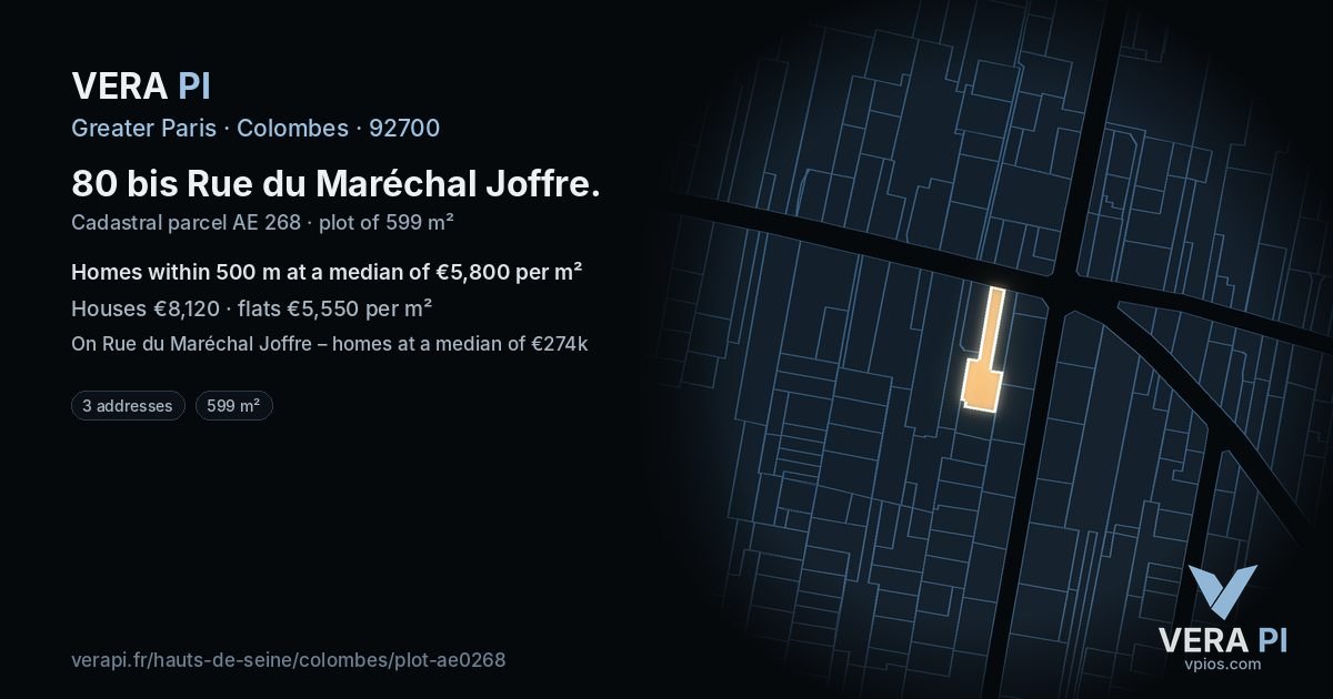 80 bis Rue du Maréchal Joffre, Colombes at night – the plot lit, the parcels around coloured by the prices near them