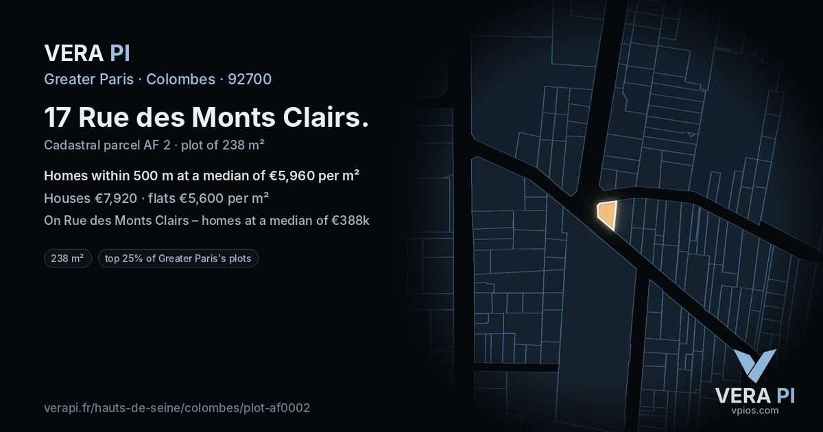 17 Rue des Monts Clairs, Colombes at night – the plot lit, the parcels around coloured by the prices near them