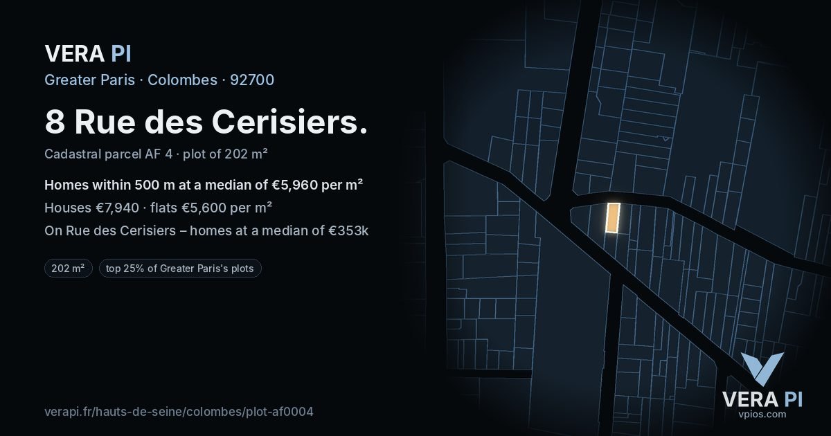 8 Rue des Cerisiers, Colombes at night – the plot lit, the parcels around coloured by the prices near them