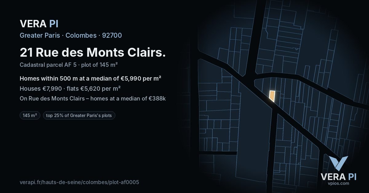 21 Rue des Monts Clairs, Colombes at night – the plot lit, the parcels around coloured by the prices near them