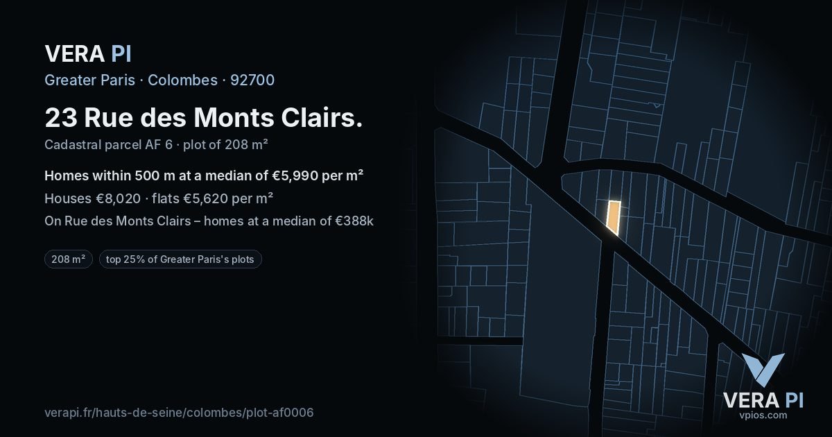 23 Rue des Monts Clairs, Colombes at night – the plot lit, the parcels around coloured by the prices near them