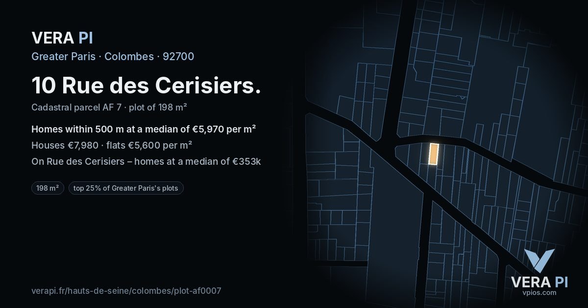 10 Rue des Cerisiers, Colombes at night – the plot lit, the parcels around coloured by the prices near them